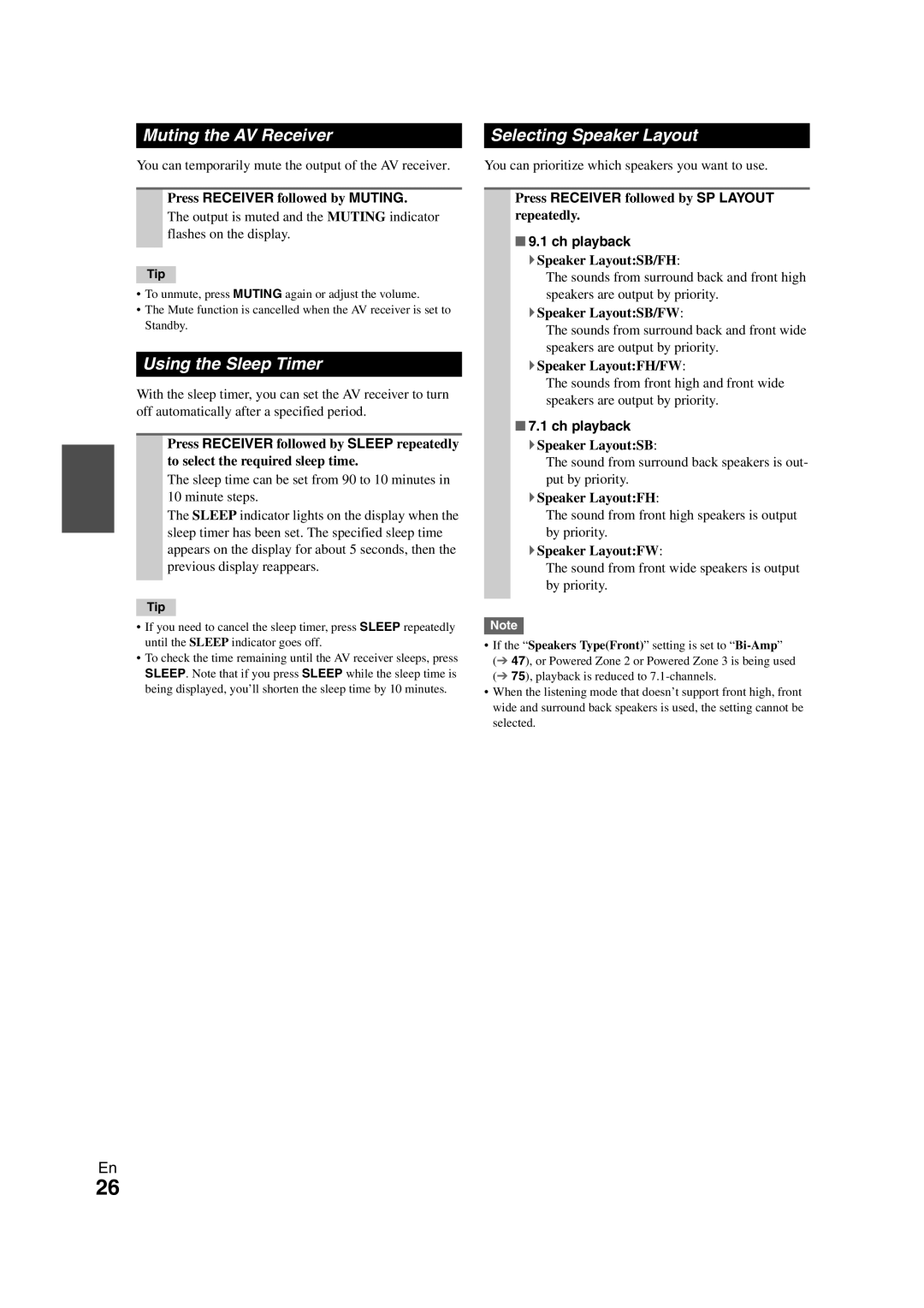 Onkyo TX-NR1008 instruction manual Muting the AV Receiver, Using the Sleep Timer, Selecting Speaker Layout, Ch playback 