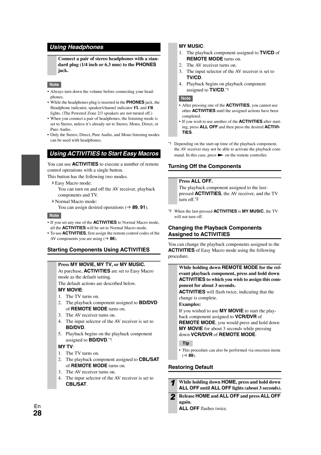 Onkyo TX-NR1008 instruction manual Using Headphones, Using Activities to Start Easy Macros 