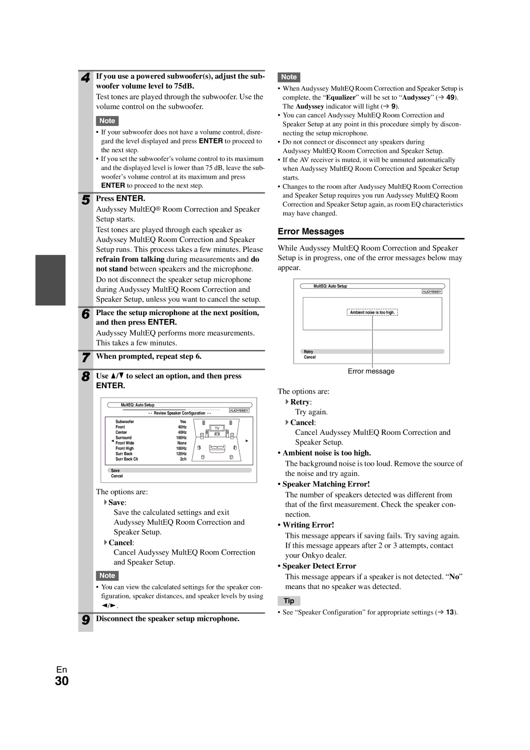 Onkyo TX-NR1008 instruction manual Error Messages 