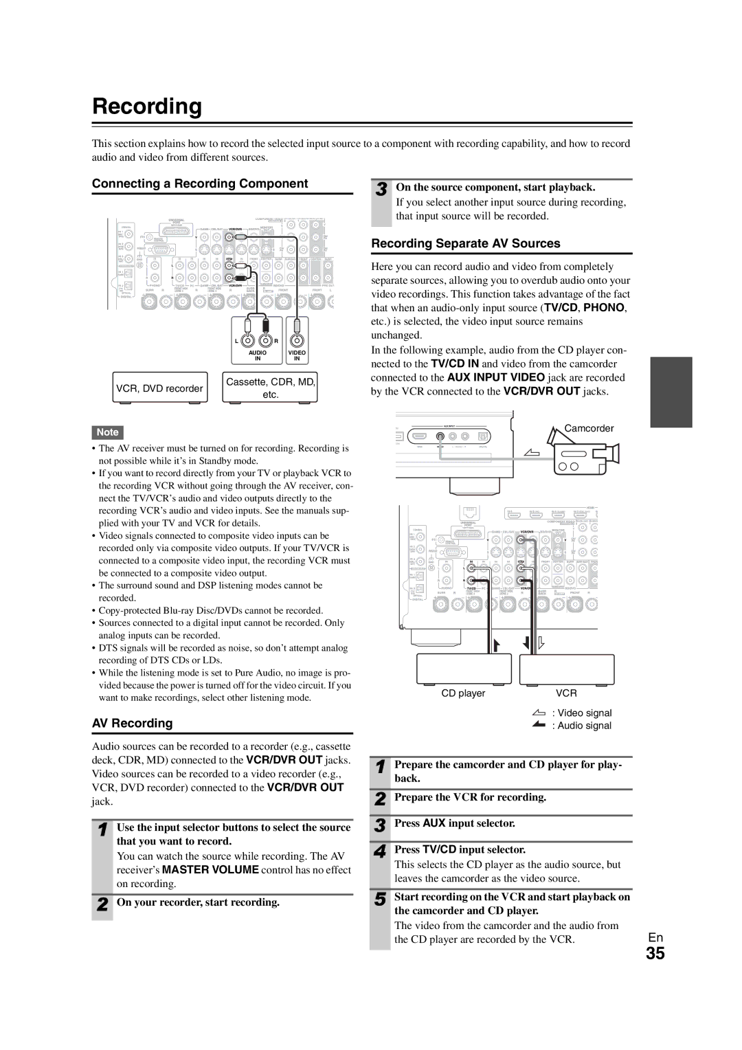 Onkyo TX-NR1008 instruction manual Connecting a Recording Component, AV Recording 