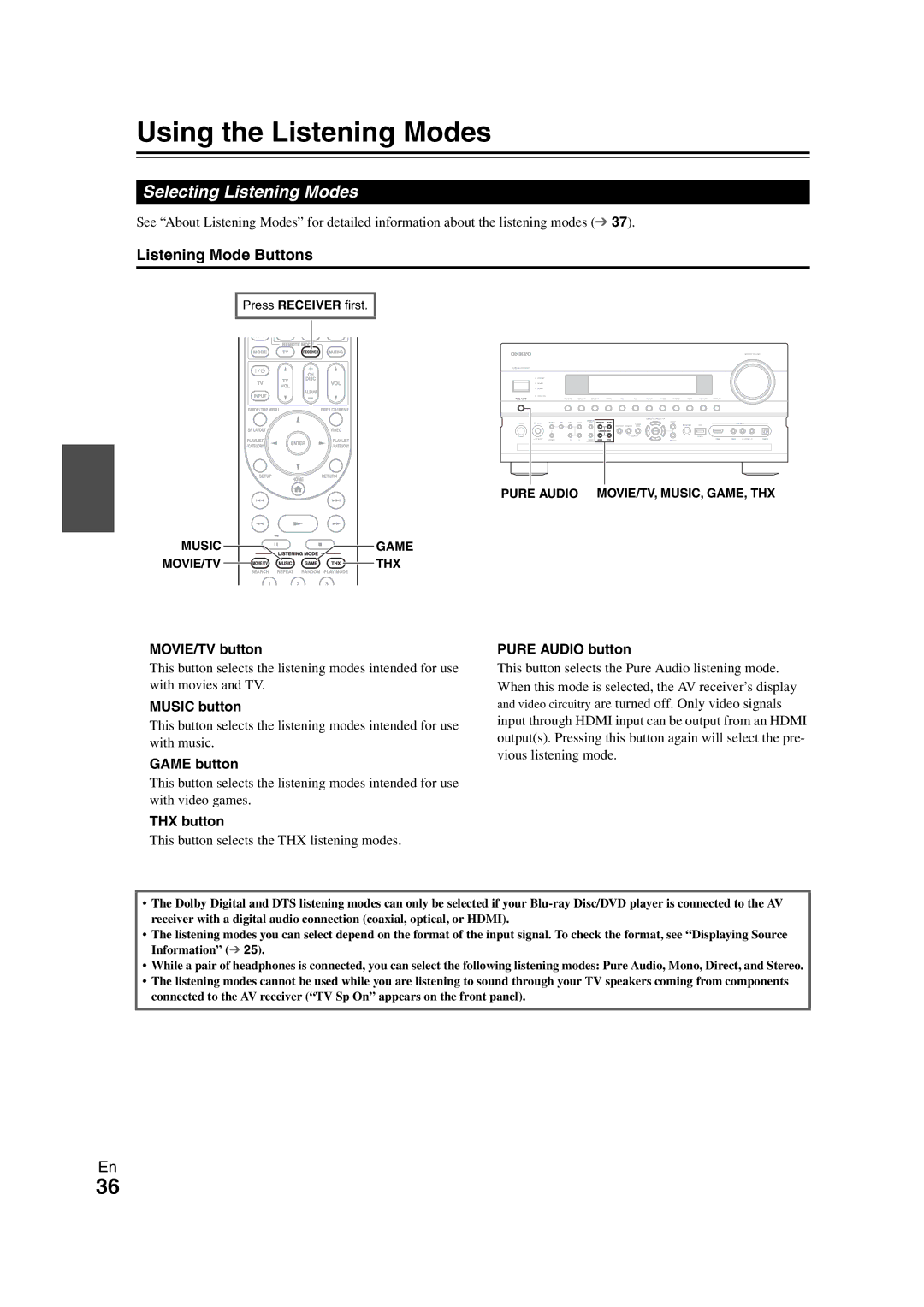 Onkyo TX-NR1008 instruction manual Using the Listening Modes, Selecting Listening Modes, Listening Mode Buttons 