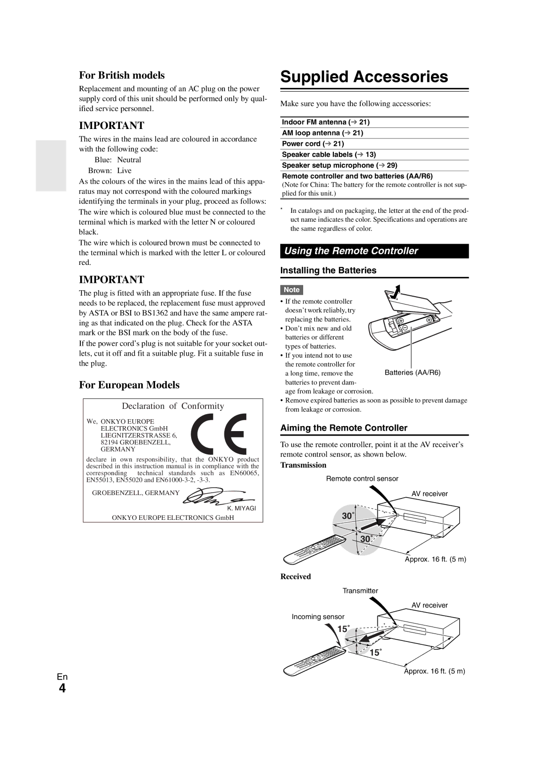 Onkyo TX-NR1008 Supplied Accessories, Using the Remote Controller, Installing the Batteries, Aiming the Remote Controller 