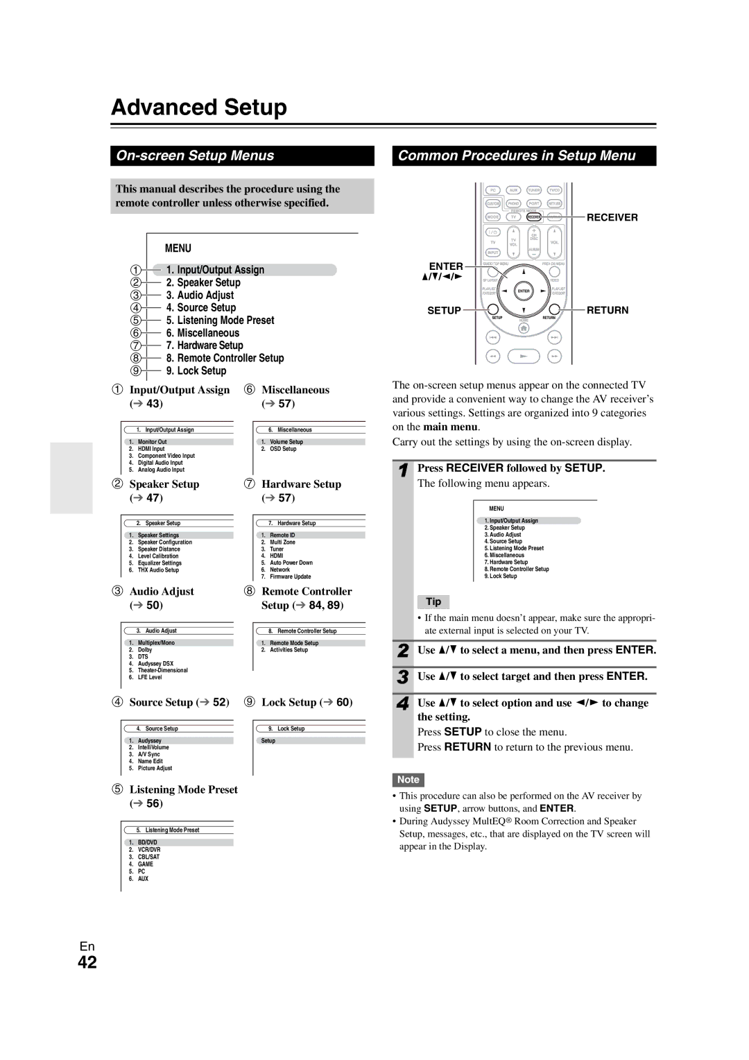 Onkyo TX-NR1008 instruction manual Advanced Setup, On-screen Setup Menus, Common Procedures in Setup Menu 