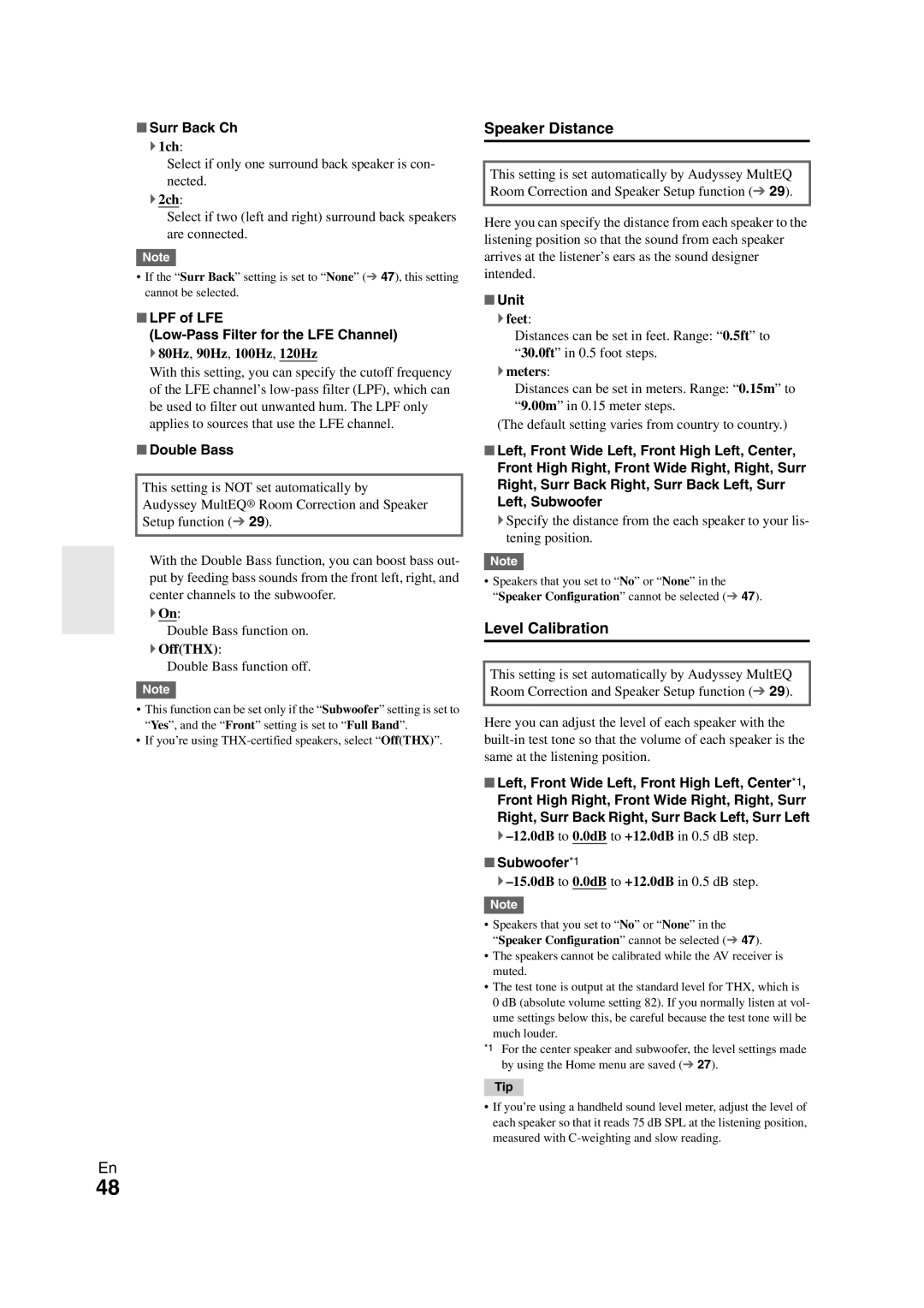 Onkyo TX-NR1008 instruction manual Speaker Distance, Level Calibration 