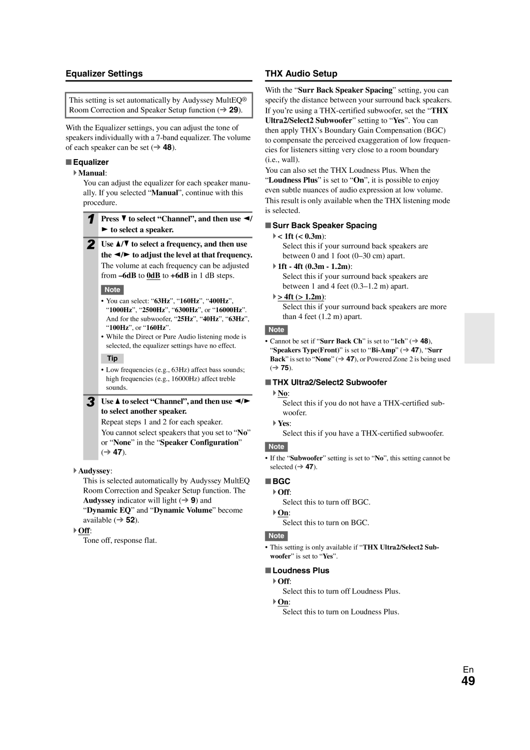 Onkyo TX-NR1008 instruction manual Equalizer Settings, THX Audio Setup, Bgc 