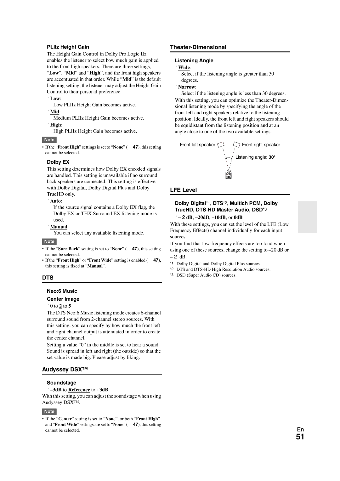 Onkyo TX-NR1008 instruction manual Audyssey DSX, Theater-Dimensional, LFE Level 