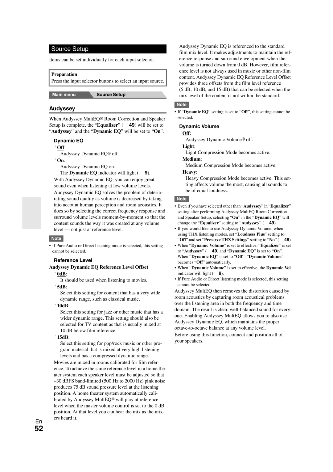 Onkyo TX-NR1008 instruction manual Source Setup, Audyssey, Dynamic EQ, Reference Level, Dynamic Volume 