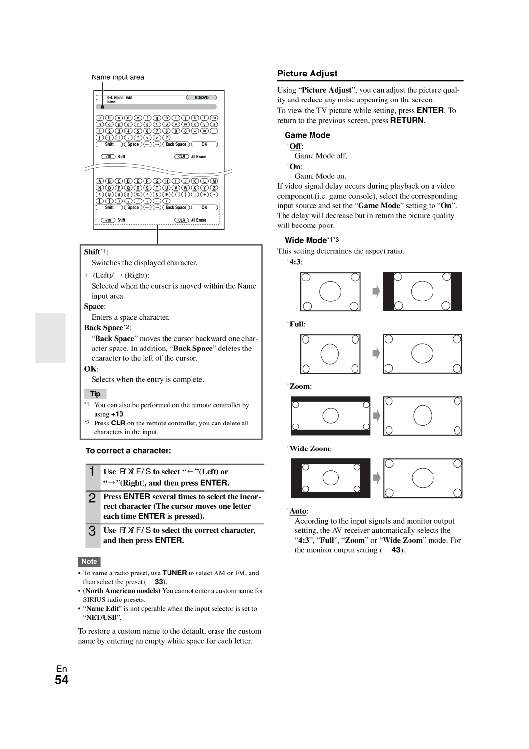 Onkyo TX-NR1008 instruction manual Picture Adjust, To correct a character, Game Mode, Wide Mode*1*3 