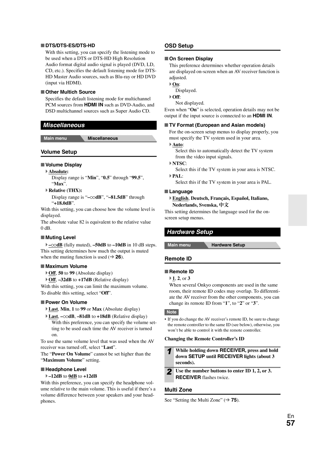 Onkyo TX-NR1008 instruction manual Miscellaneous, Hardware Setup 