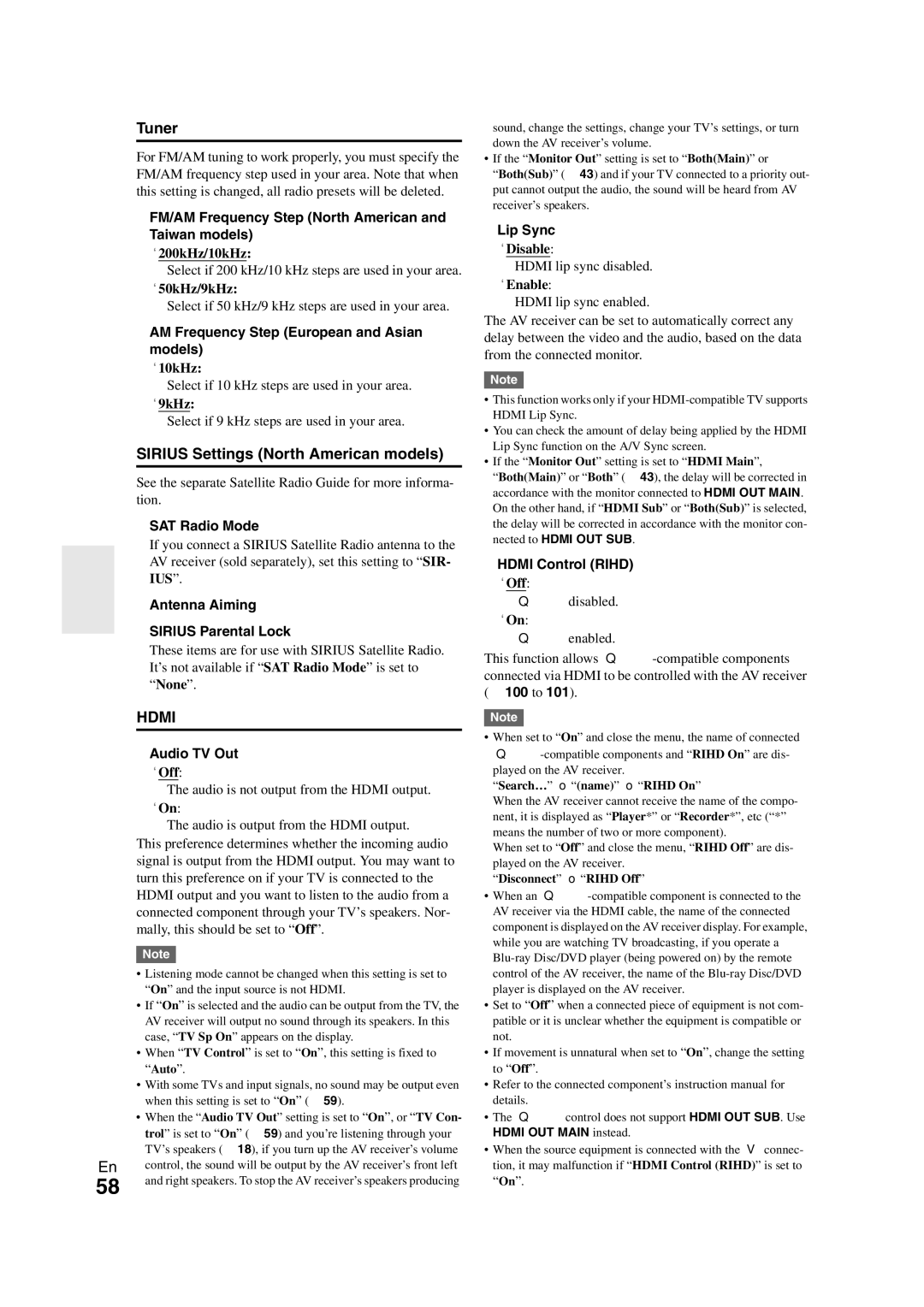 Onkyo TX-NR1008 instruction manual Tuner, Sirius Settings North American models 