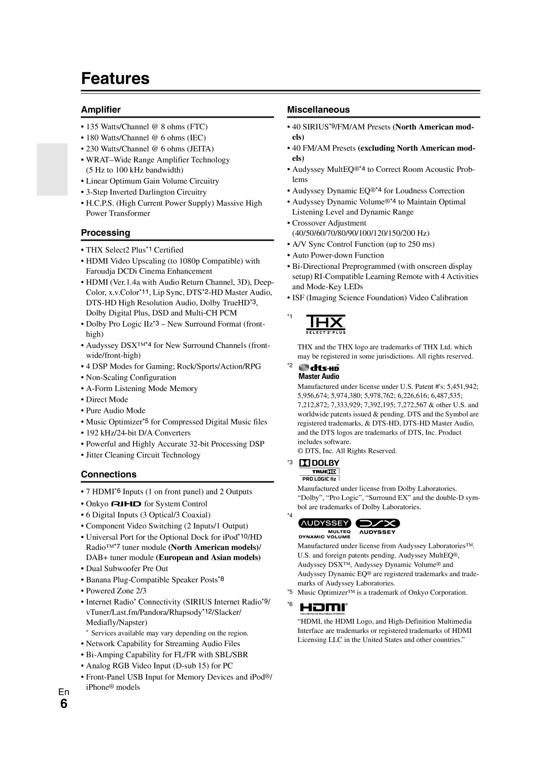 Onkyo TX-NR1008 Features, Amplifier, Processing, Miscellaneous, 40 FM/AM Presets excluding North American mod- els 