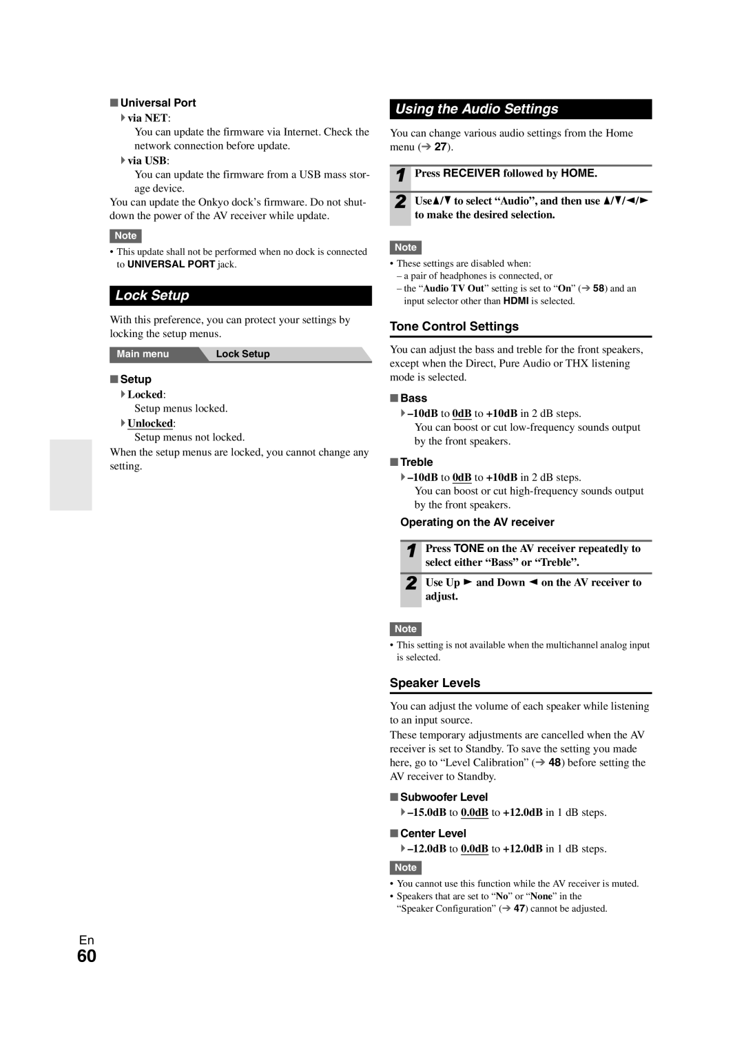 Onkyo TX-NR1008 instruction manual Lock Setup, Using the Audio Settings, Tone Control Settings, Speaker Levels 