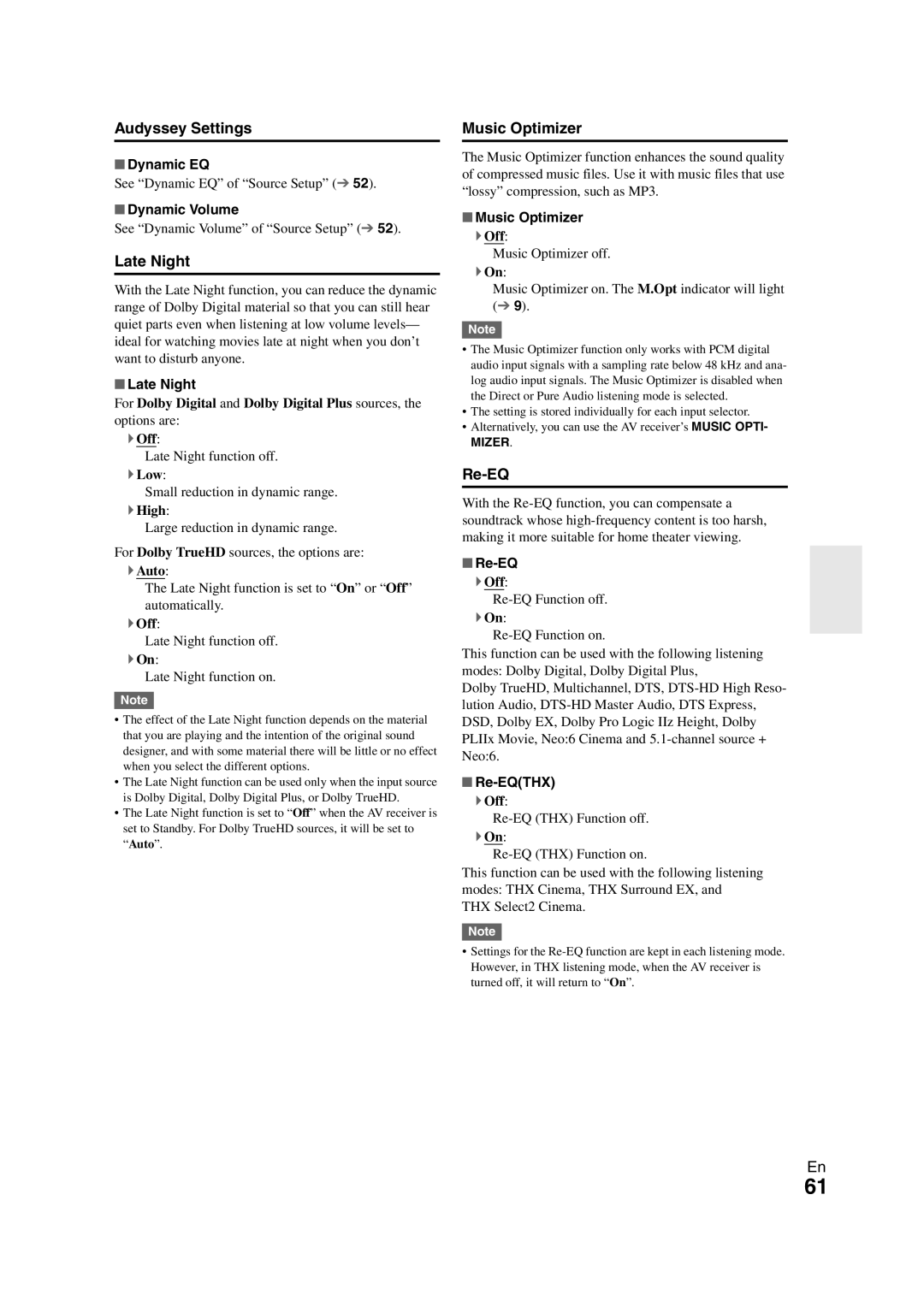 Onkyo TX-NR1008 instruction manual Audyssey Settings, Late Night, Music Optimizer, Re-EQ 