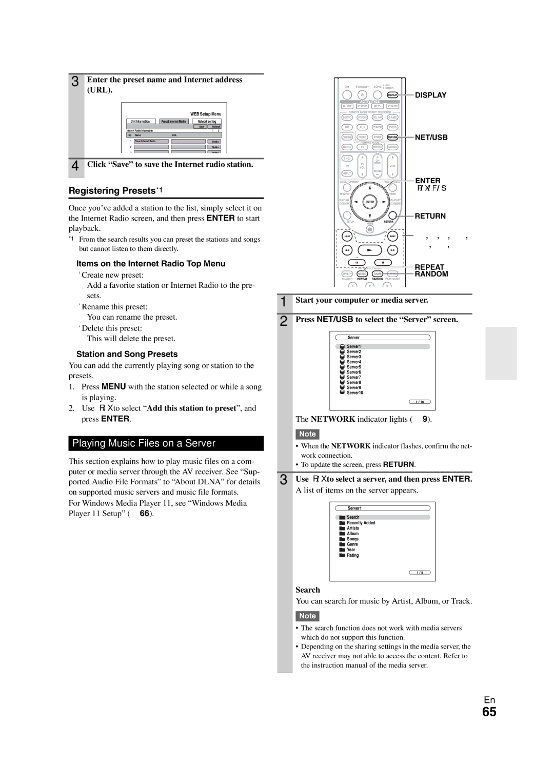 Onkyo TX-NR1008 Playing Music Files on a Server, Registering Presets*1, Items on the Internet Radio Top Menu 