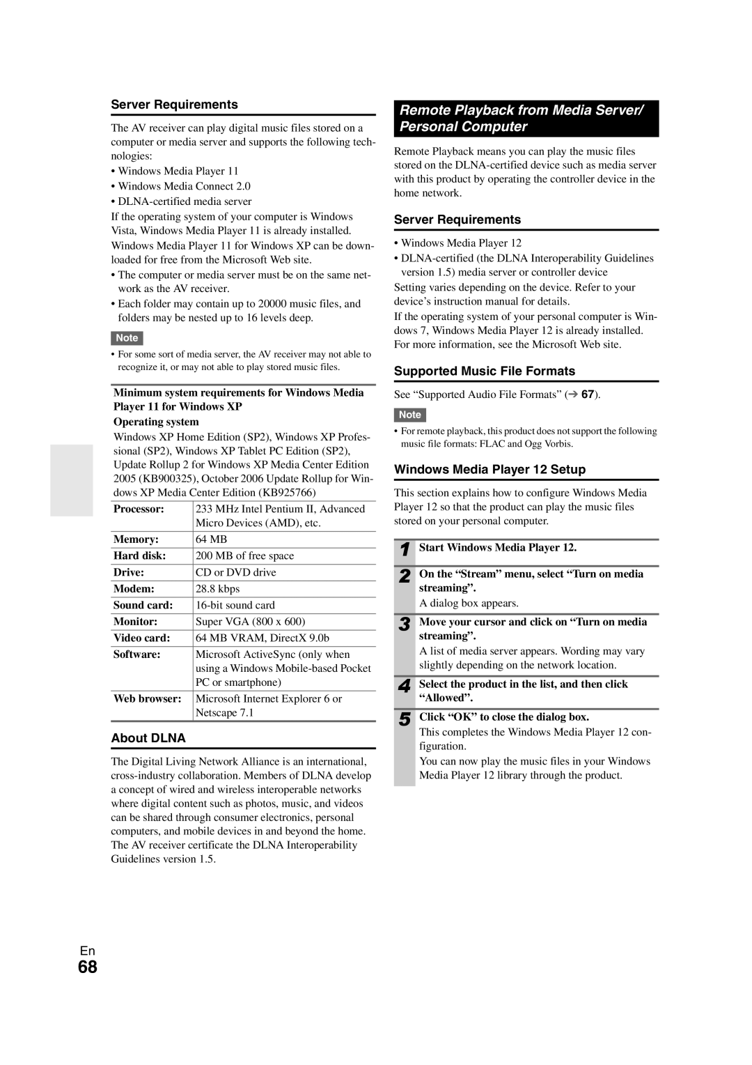 Onkyo TX-NR1008 instruction manual Remote Playback from Media Server/ Personal Computer, Server Requirements, About Dlna 