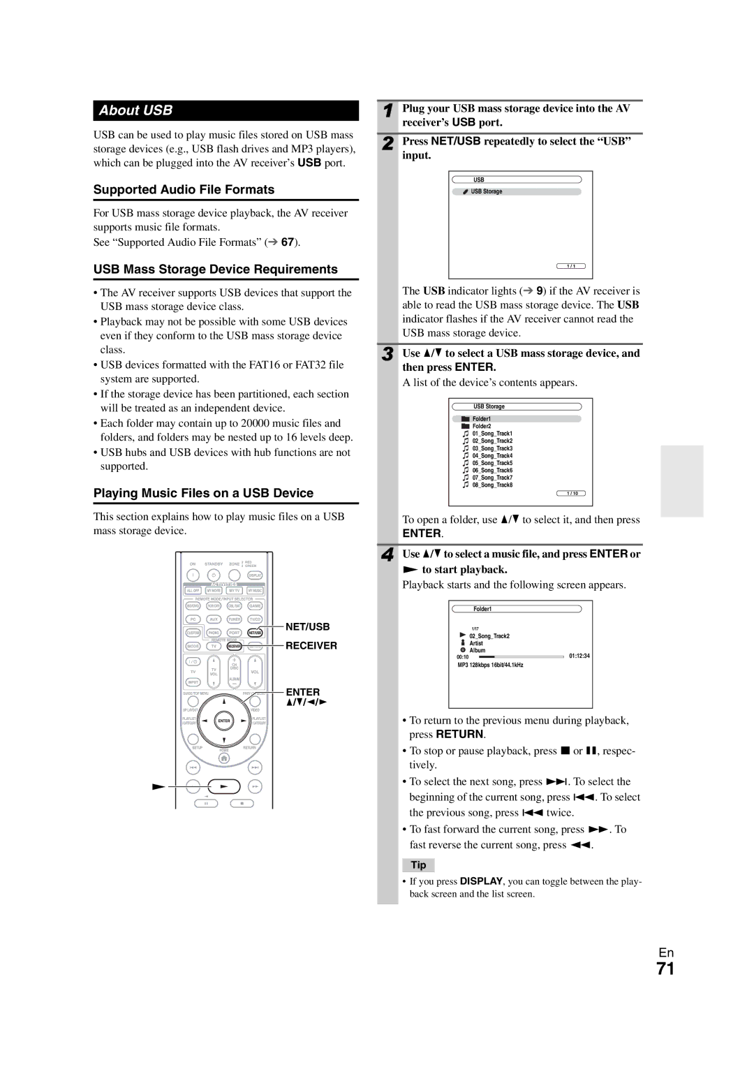 Onkyo TX-NR1008 instruction manual About USB, USB Mass Storage Device Requirements, Playing Music Files on a USB Device 