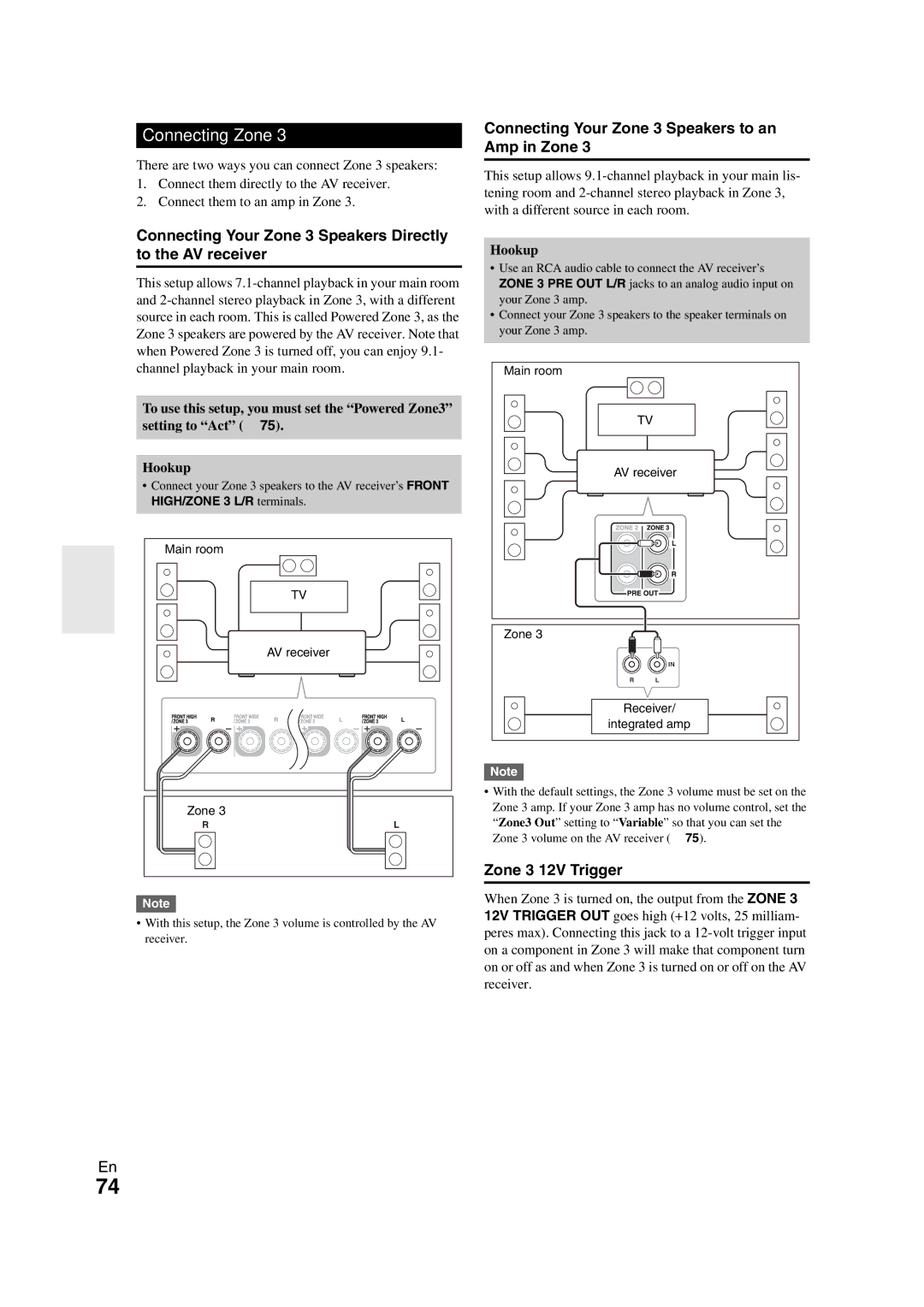 Onkyo TX-NR1008 instruction manual Connecting Your Zone 3 Speakers Directly to the AV receiver, Zone 3 12V Trigger 