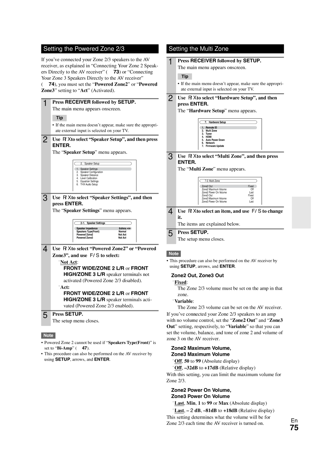 Onkyo TX-NR1008 instruction manual Setting the Powered Zone 2/3, Setting the Multi Zone 