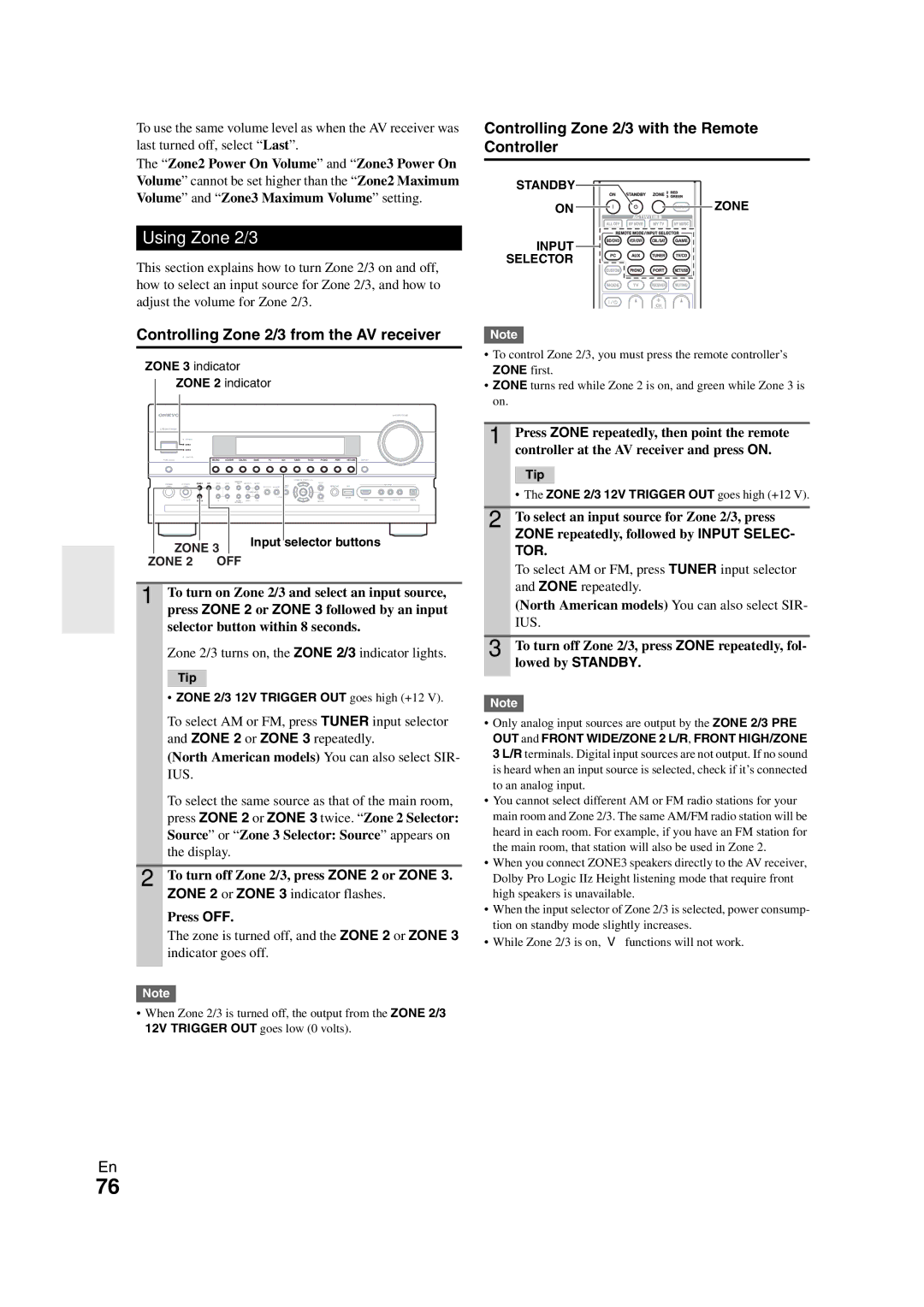 Onkyo TX-NR1008 Using Zone 2/3, Controlling Zone 2/3 from the AV receiver, Controlling Zone 2/3 with the Remote Controller 