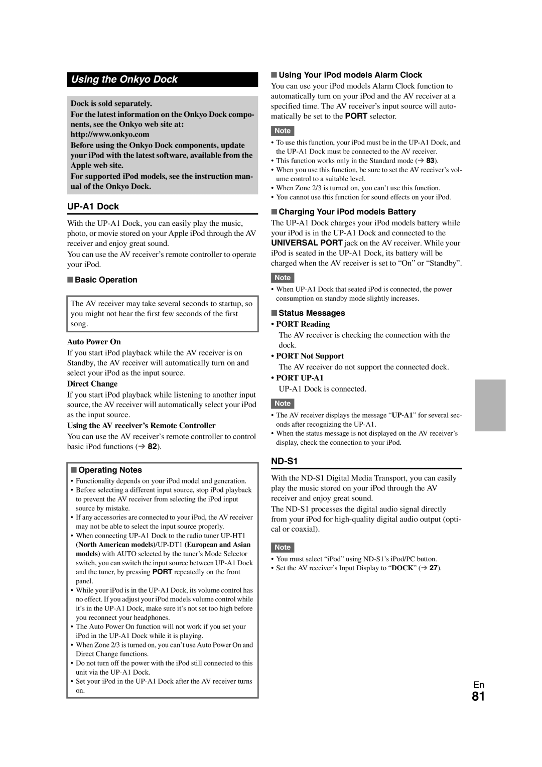 Onkyo TX-NR1008 instruction manual Using the Onkyo Dock, UP-A1 Dock 