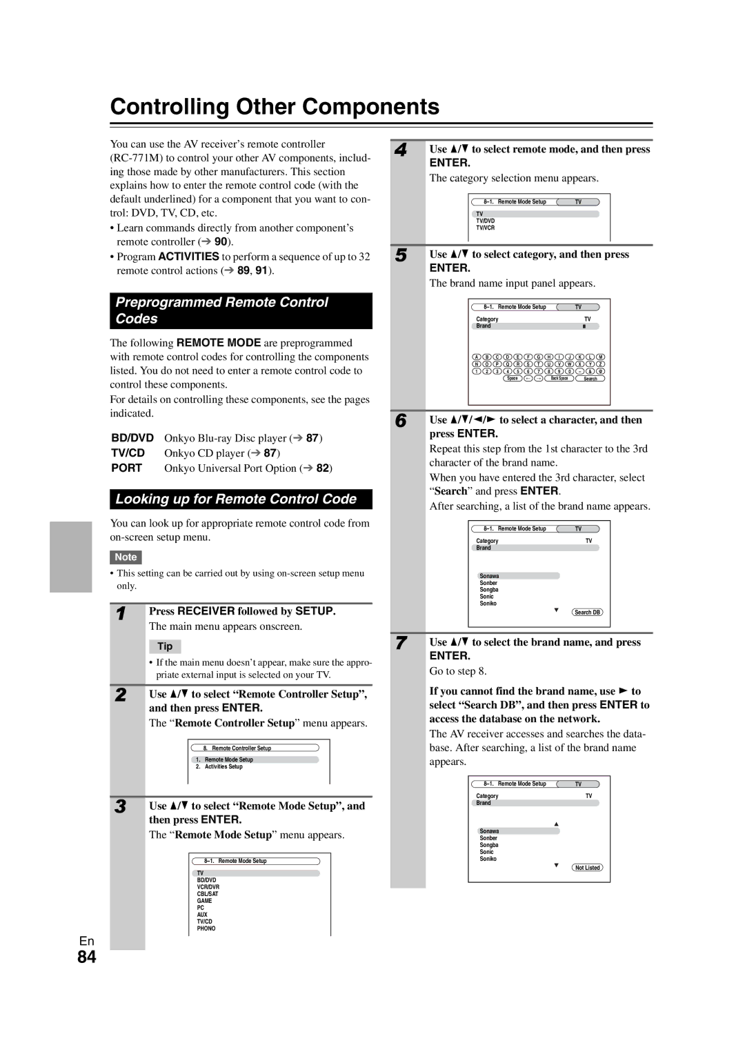 Onkyo TX-NR1008 Controlling Other Components, Preprogrammed Remote Control Codes, Looking up for Remote Control Code 