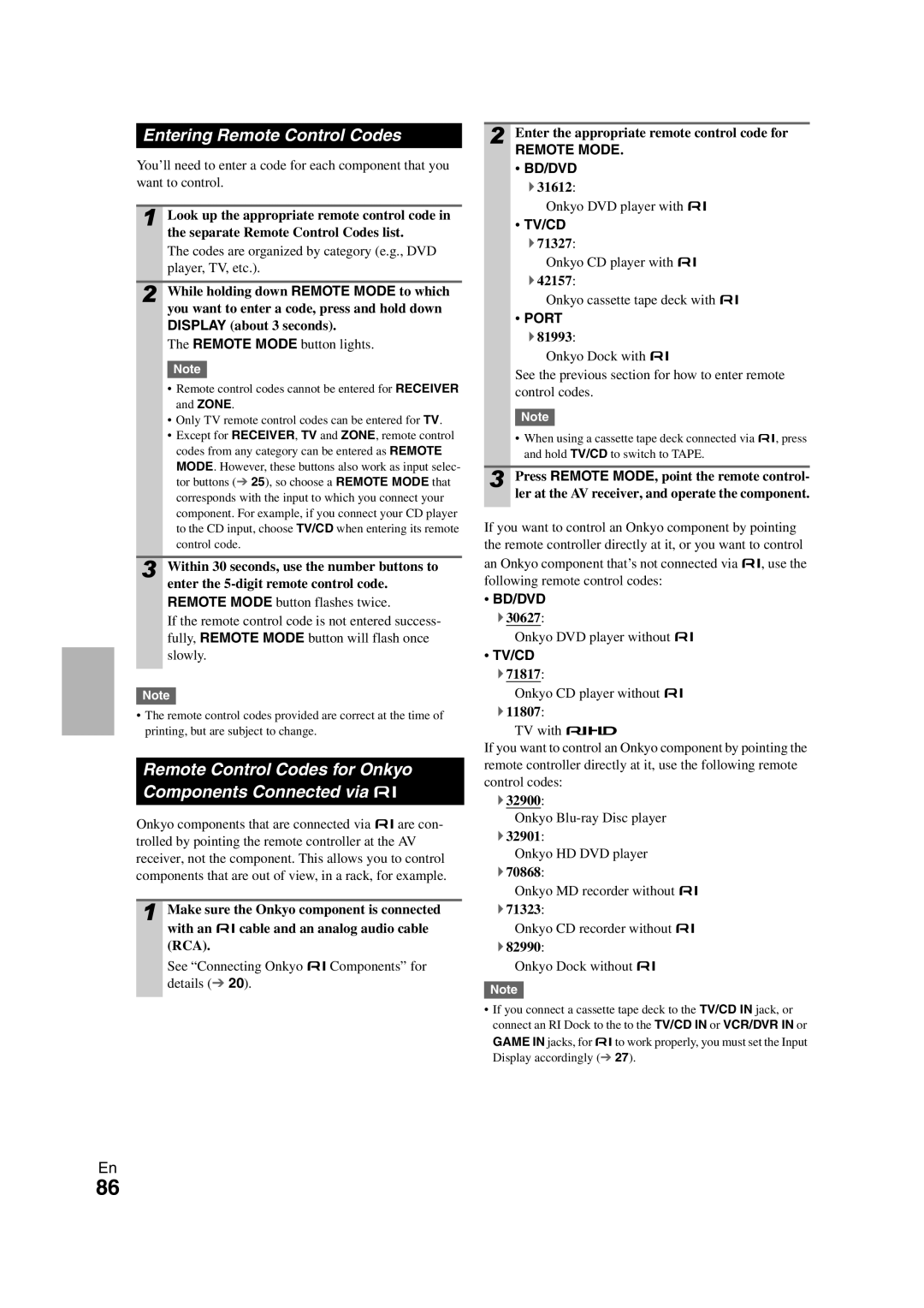 Onkyo TX-NR1008 Entering Remote Control Codes, Remote Control Codes for Onkyo Components Connected via u, Port 