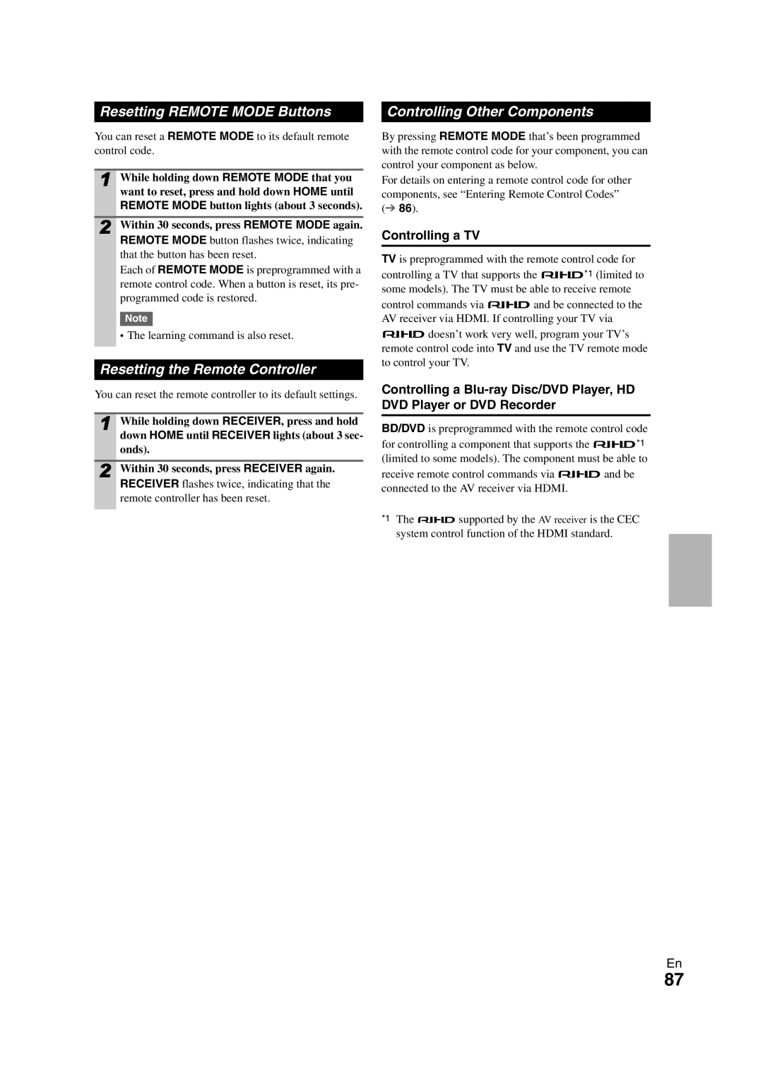 Onkyo TX-NR1008 Resetting Remote Mode Buttons, Resetting the Remote Controller, Controlling Other Components 