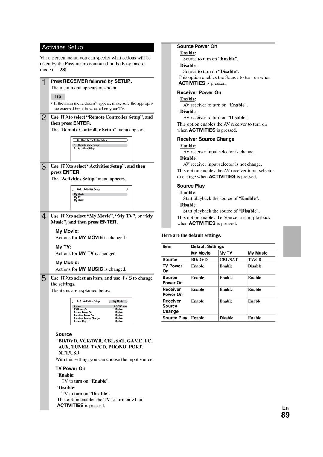 Onkyo TX-NR1008 instruction manual Activities Setup 