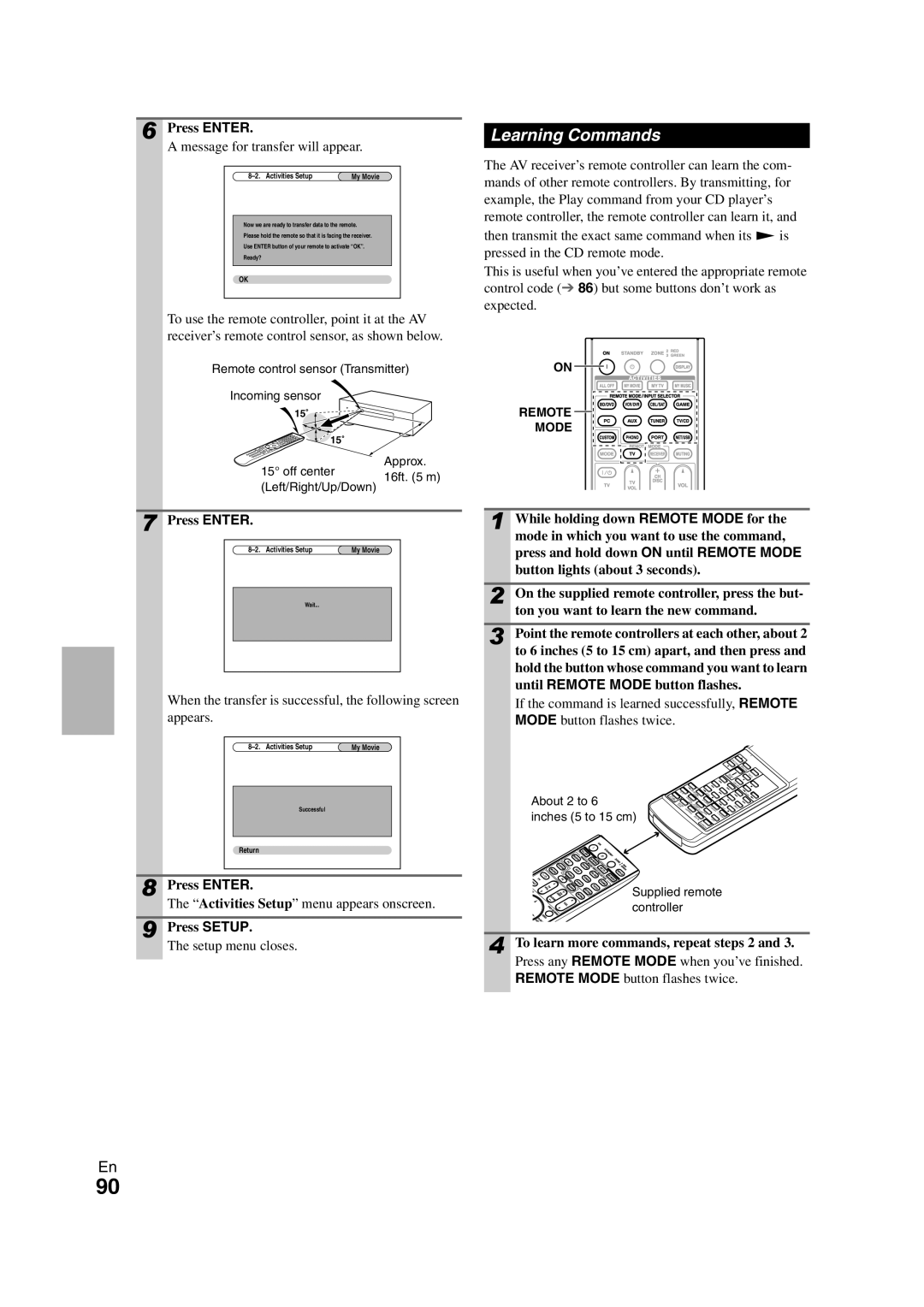 Onkyo TX-NR1008 Learning Commands, Message for transfer will appear, To learn more commands, repeat steps 2 