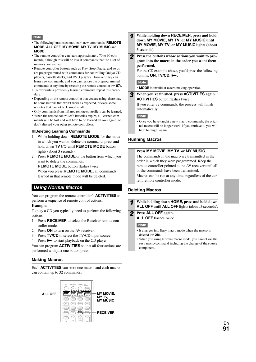 Onkyo TX-NR1008 Using Normal Macros, Running Macros, Deleting Macros, Making Macros, Deleting Learning Commands 