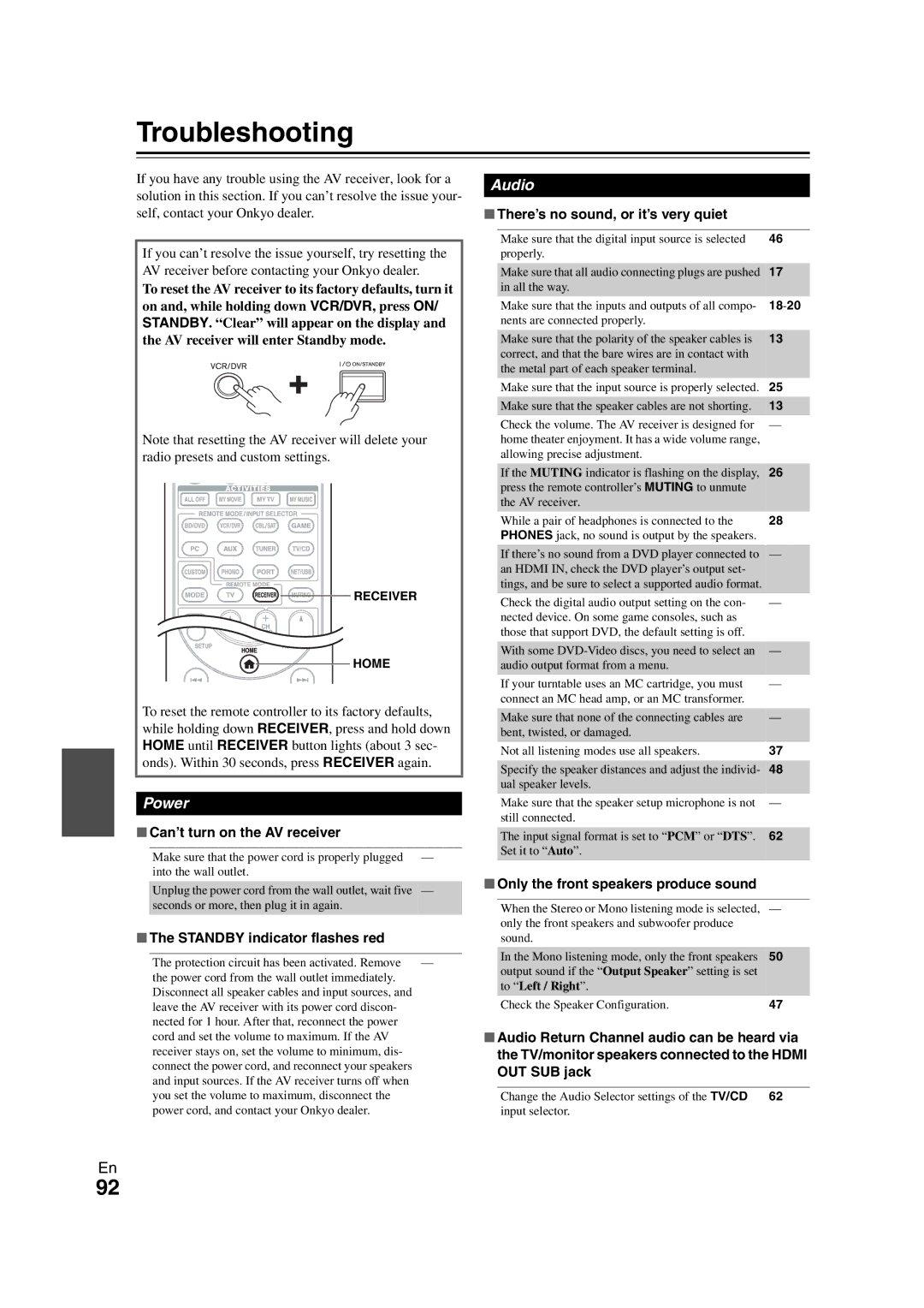 Onkyo TX-NR1008 instruction manual Troubleshooting, There’s no sound, or it’s very quiet, Can’t turn on the AV receiver 