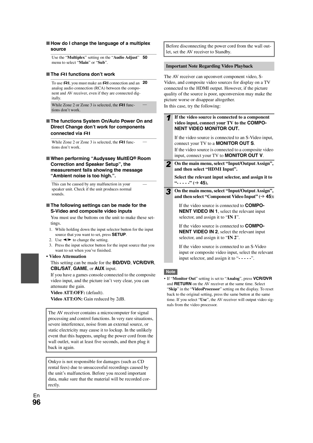 Onkyo TX-NR1008 How do I change the language of a multiplex source, Ufunctions don’t work, CBL/SAT, GAME, or AUX input 