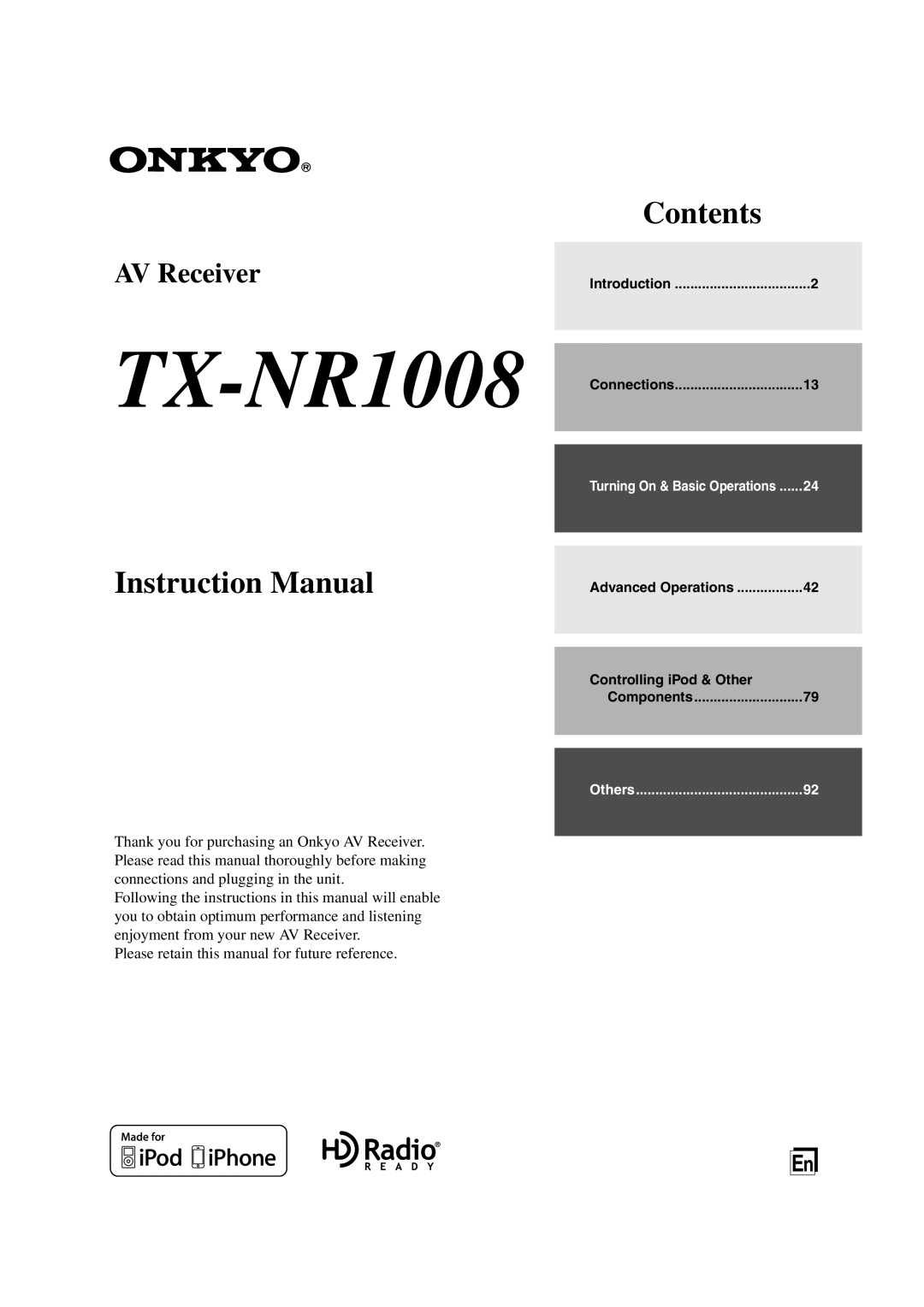 Onkyo TX-NR1008 instruction manual Contents, AV Receiver 