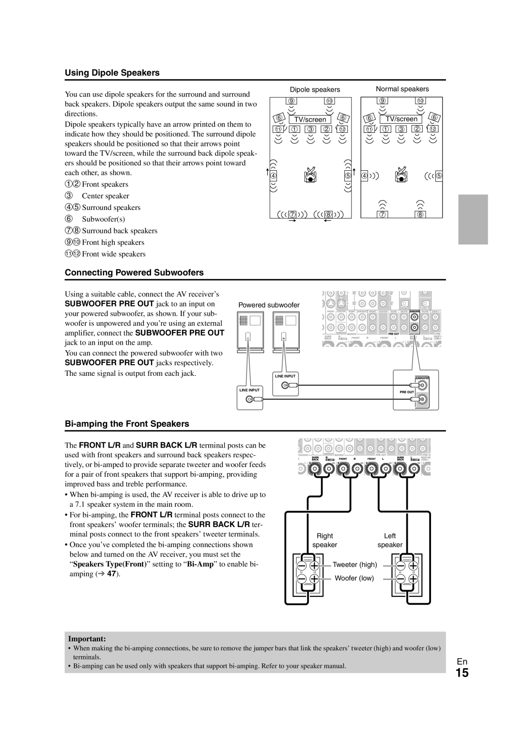 Onkyo TX-NR1008 instruction manual Using Dipole Speakers, Connecting Powered Subwoofers, Bi-ampingthe Front Speakers 