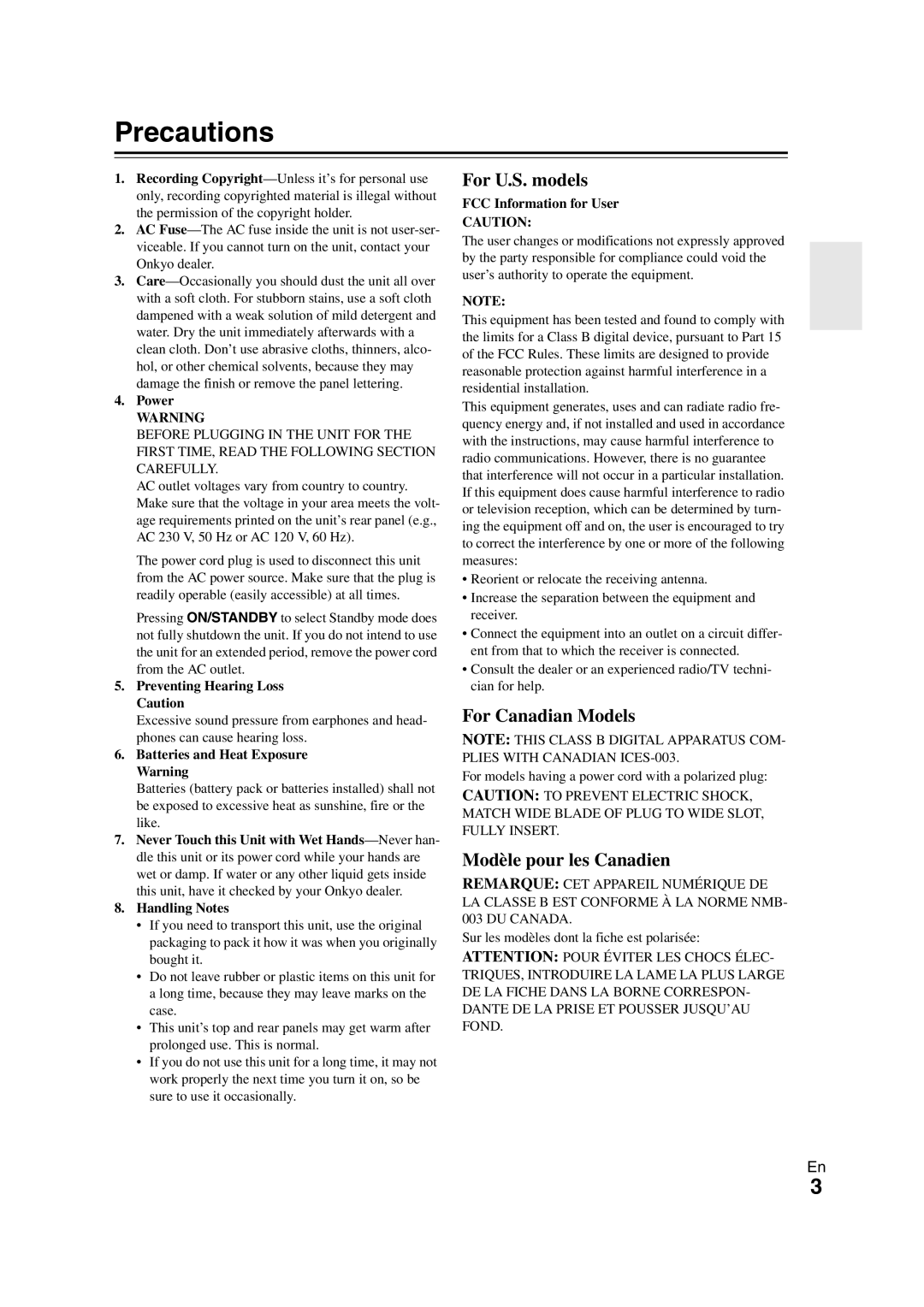 Onkyo TX-NR1008 instruction manual Precautions, For U.S. models, For Canadian Models, Modèle pour les Canadien 