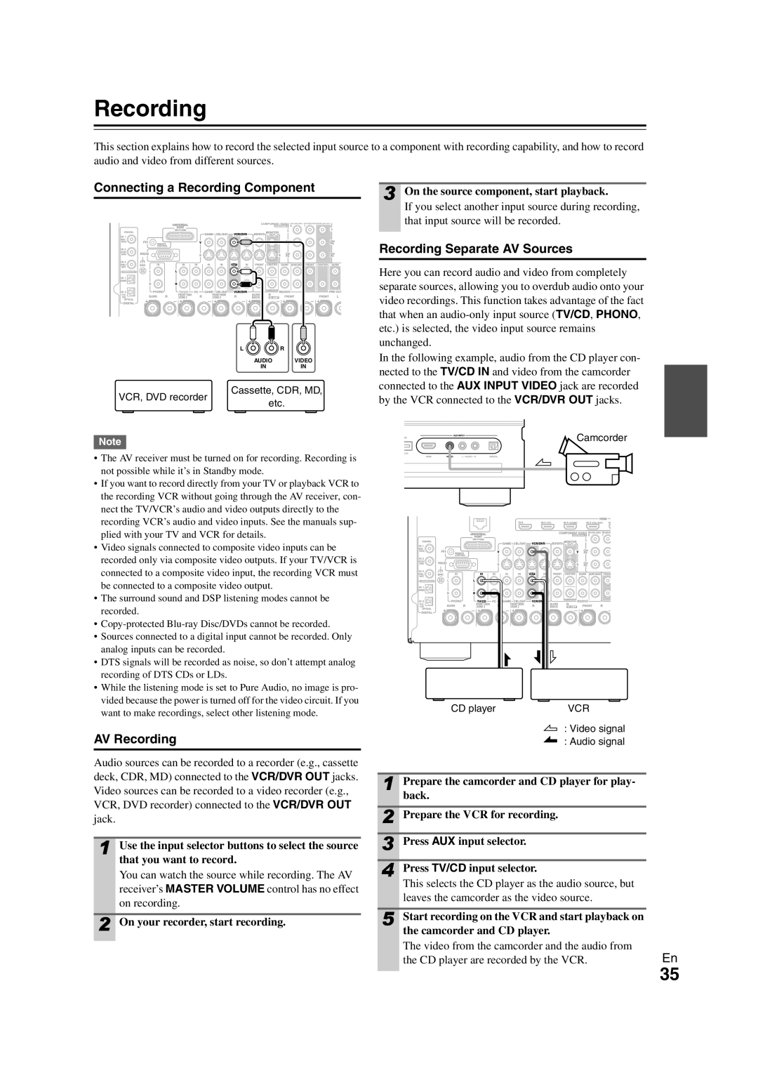 Onkyo TX-NR1008 instruction manual Connecting a Recording Component, AV Recording 