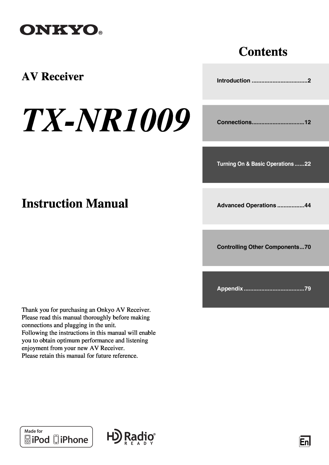 Onkyo TX-NR1009 instruction manual Contents, Instruction Manual, AV Receiver 