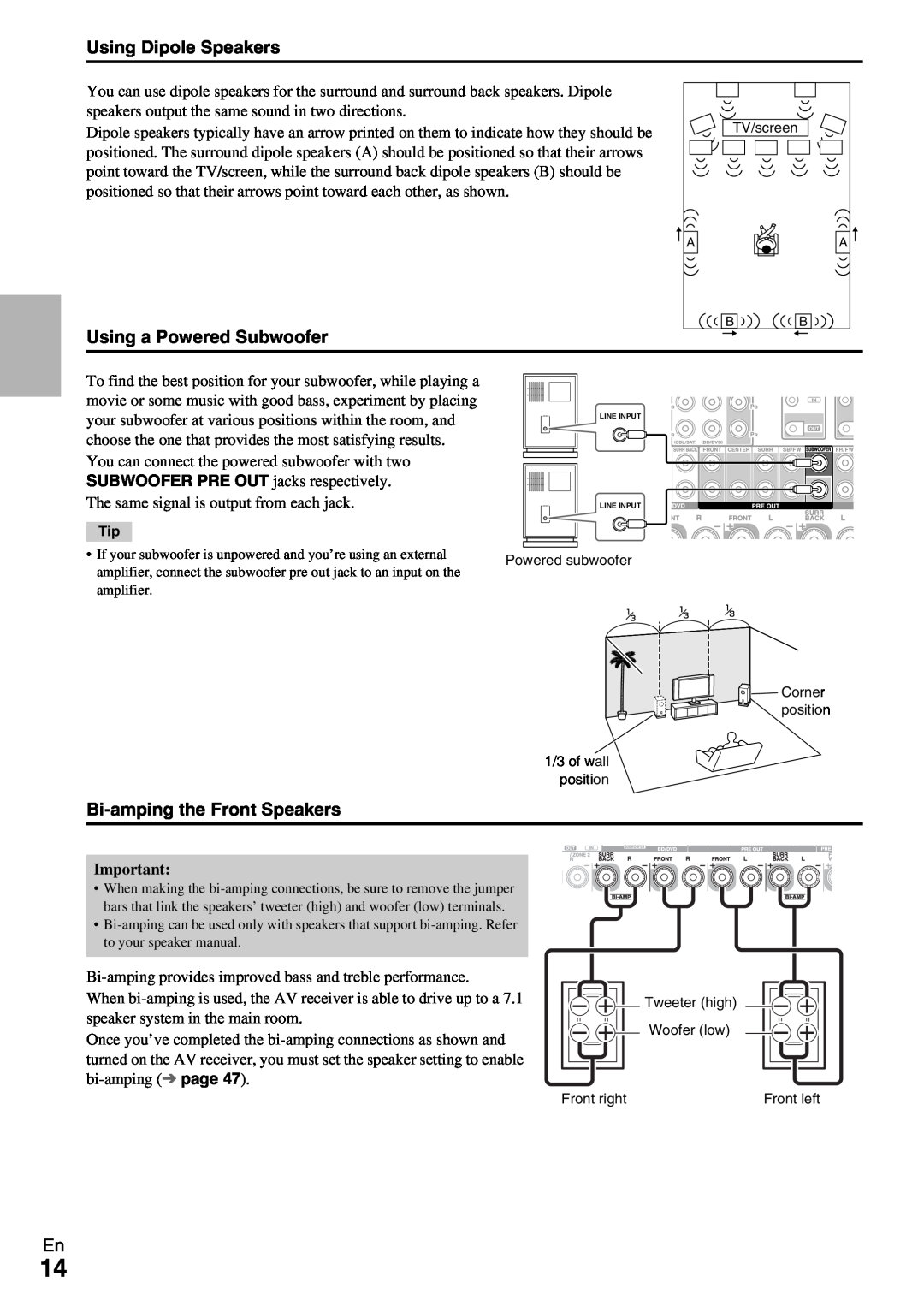 Onkyo TX-NR1009 instruction manual Using Dipole Speakers, Using a Powered Subwoofer, Bi-ampingthe Front Speakers 