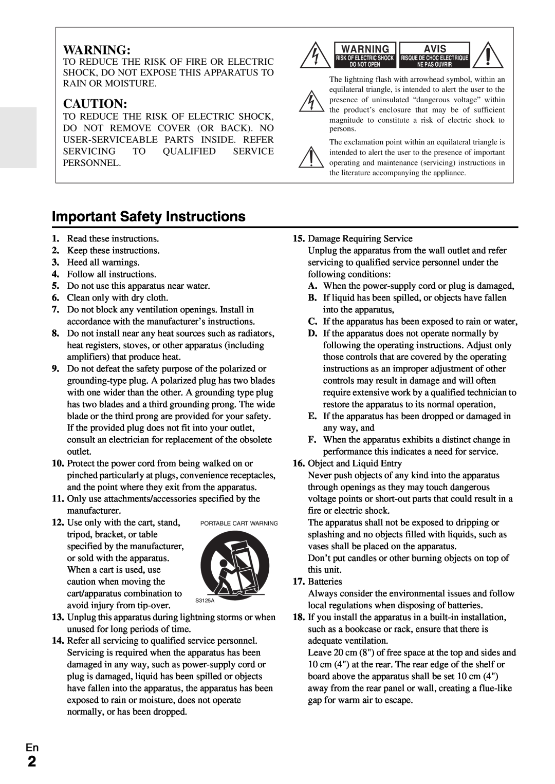 Onkyo TX-NR1009 instruction manual Avis, Important Safety Instructions 