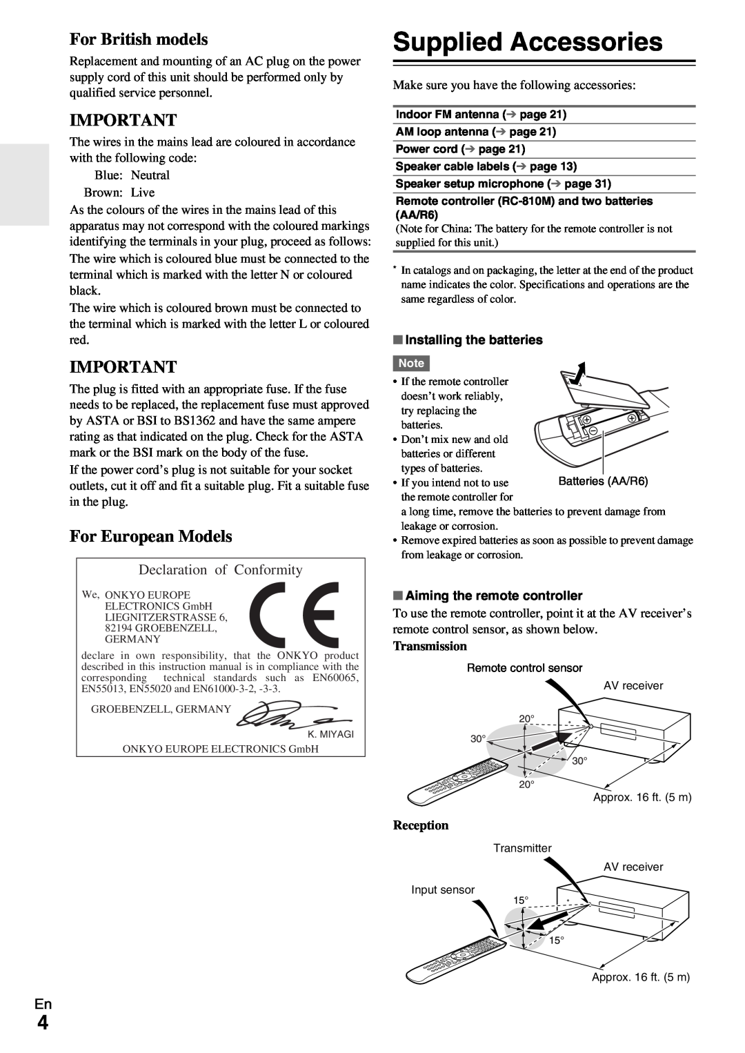 Onkyo TX-NR1009 instruction manual Supplied Accessories, For British models, For European Models, Declaration of Conformity 