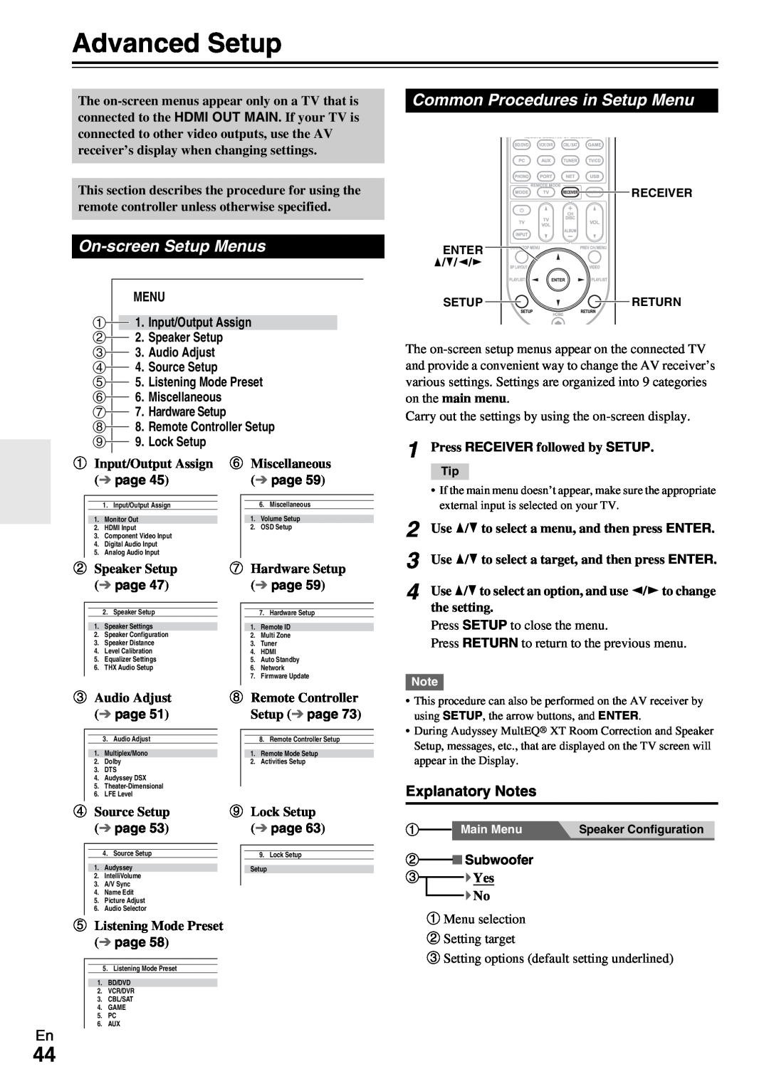 Onkyo TX-NR1009 Advanced Setup, On-screenSetup Menus, Common Procedures in Setup Menu, Explanatory Notes, page 