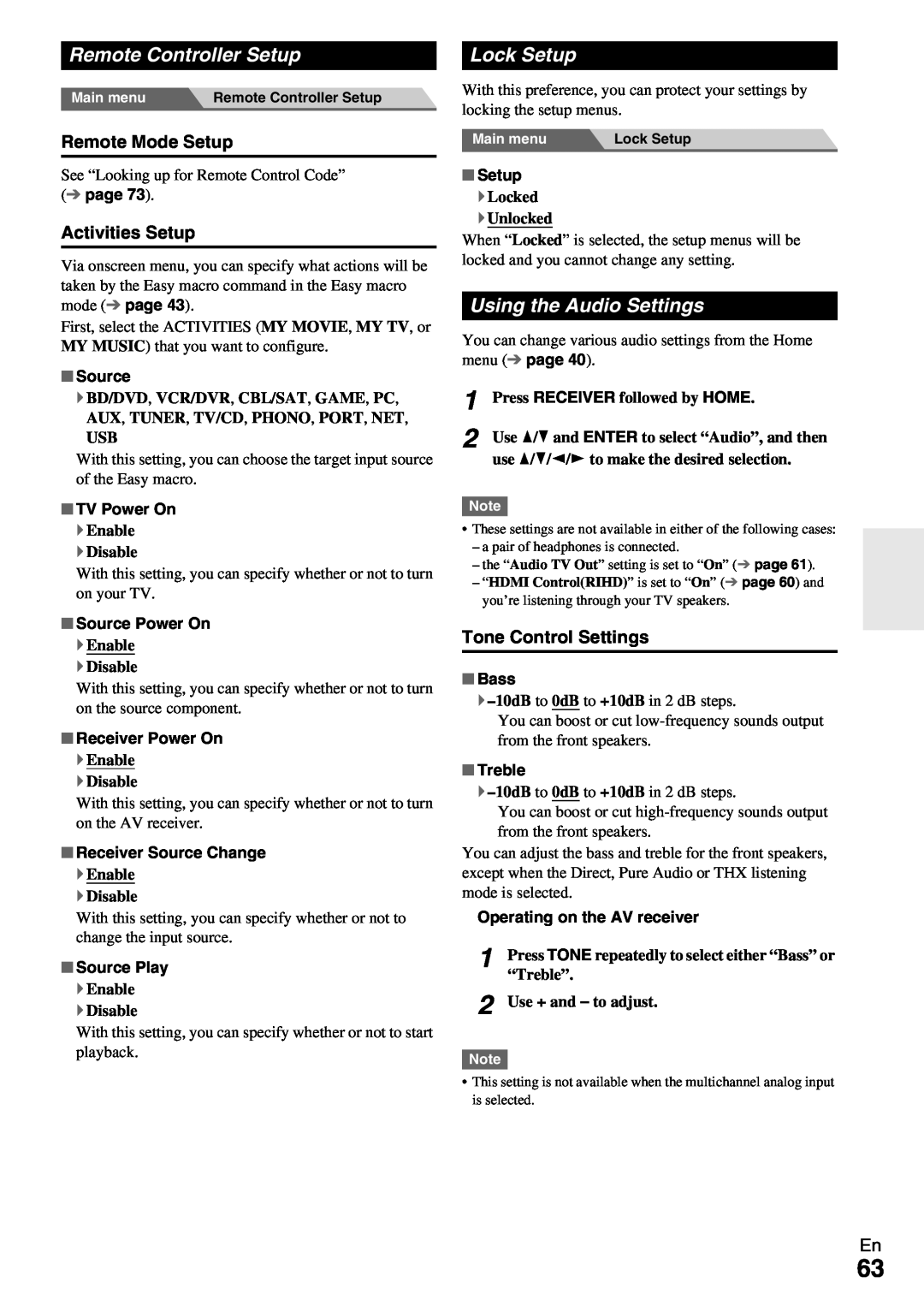 Onkyo TX-NR1009 Remote Controller Setup, Lock Setup, Using the Audio Settings, Remote Mode Setup, Activities Setup, Source 