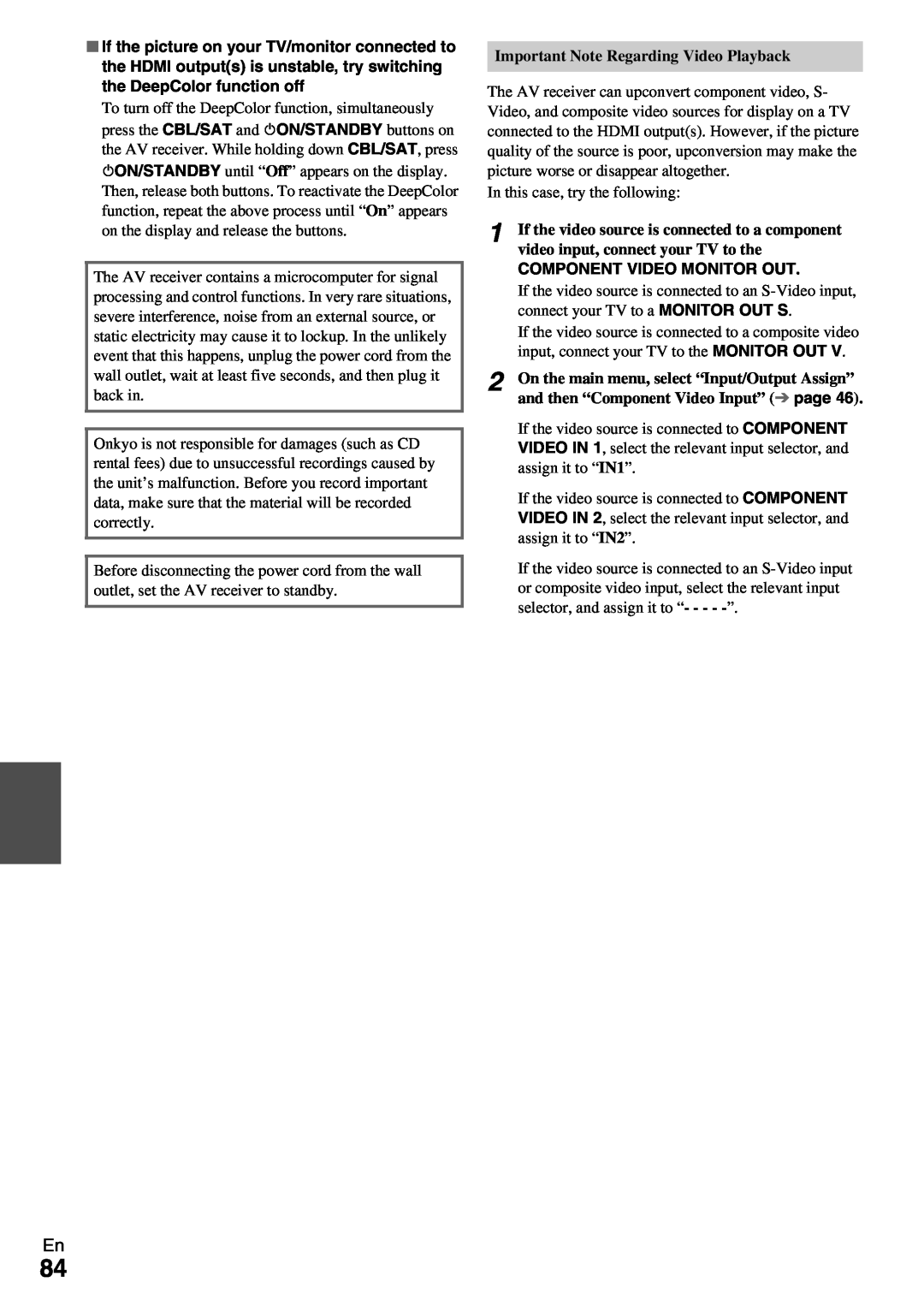 Onkyo TX-NR1009 instruction manual Important Note Regarding Video Playback, Component Video Monitor Out 