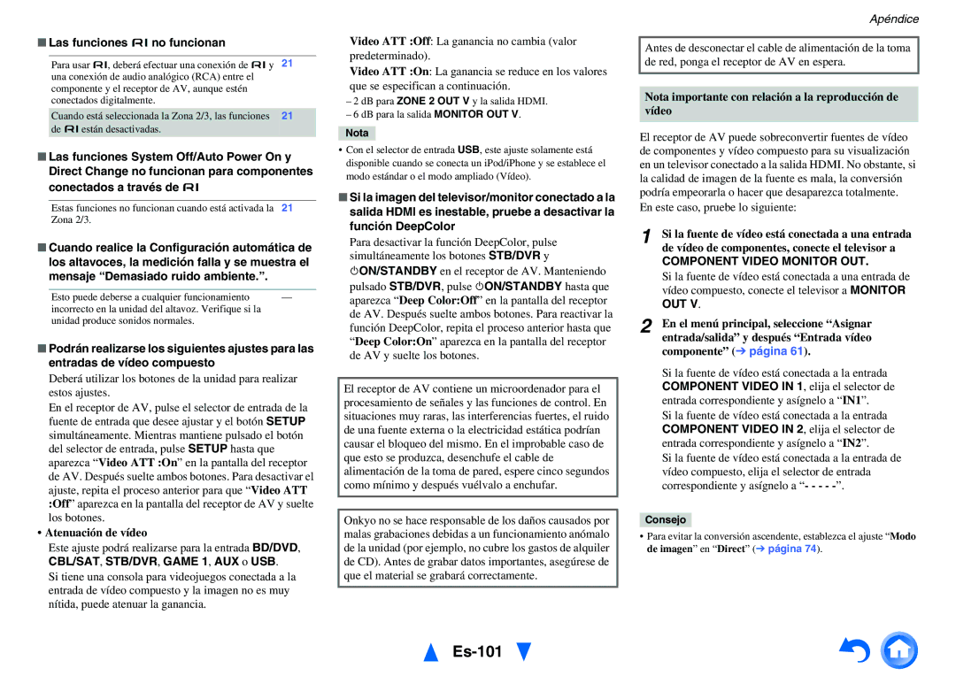 Onkyo TX-NR1010 manual Es-101, Las funciones uno funcionan, Atenuación de vídeo, Component Video Monitor OUT 