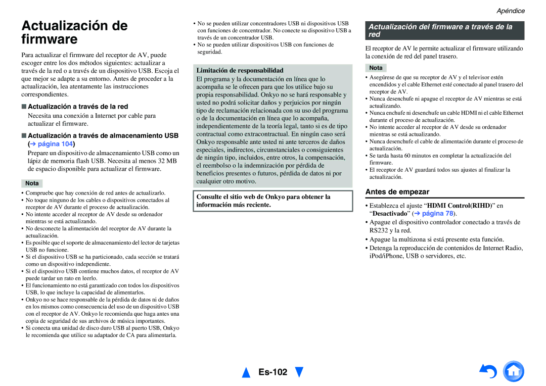 Onkyo TX-NR1010 manual Actualización de firmware, Es-102, Actualización del firmware a través de la red, Antes de empezar 