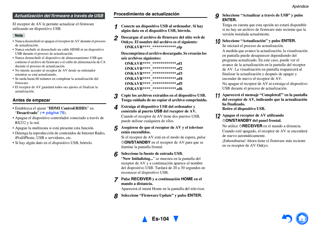 Onkyo TX-NR1010 manual Es-104, Actualización del firmware a través de USB 