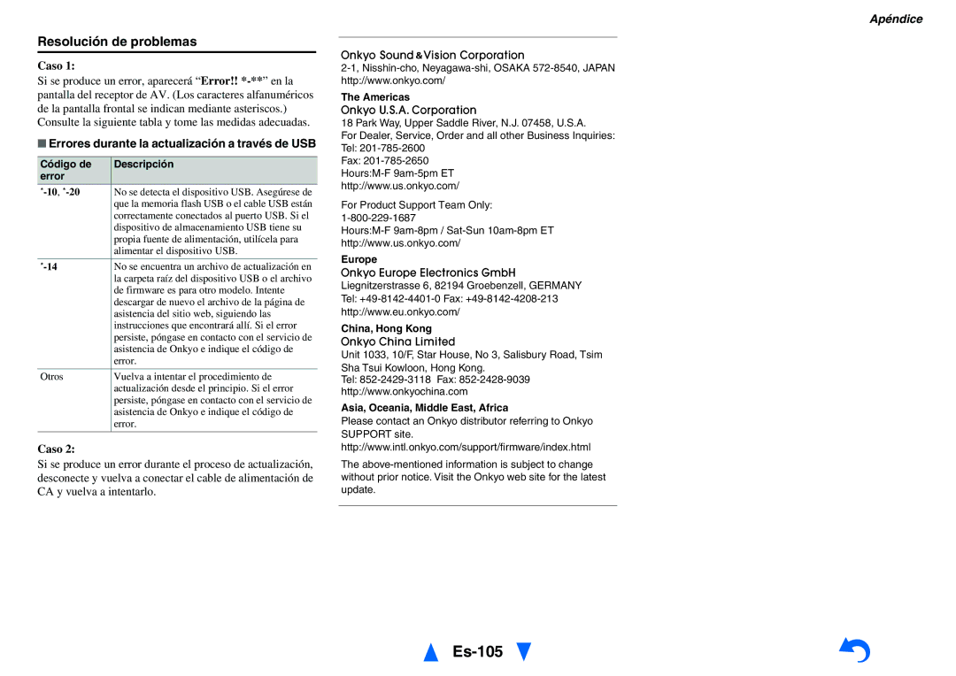 Onkyo TX-NR1010 manual Es-105, Errores durante la actualización a través de USB 