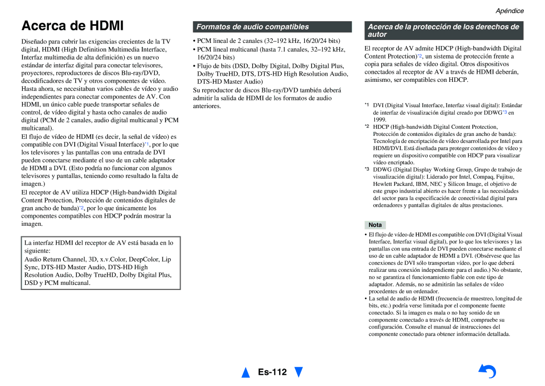 Onkyo TX-NR1010 Acerca de Hdmi, Es-112, Formatos de audio compatibles, Acerca de la protección de los derechos de autor 