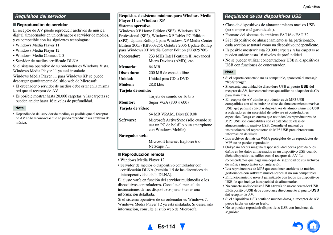 Onkyo TX-NR1010 manual Es-114, Requisitos del servidor, Requisitos de los dispositivos USB, Reproducción de servidor 