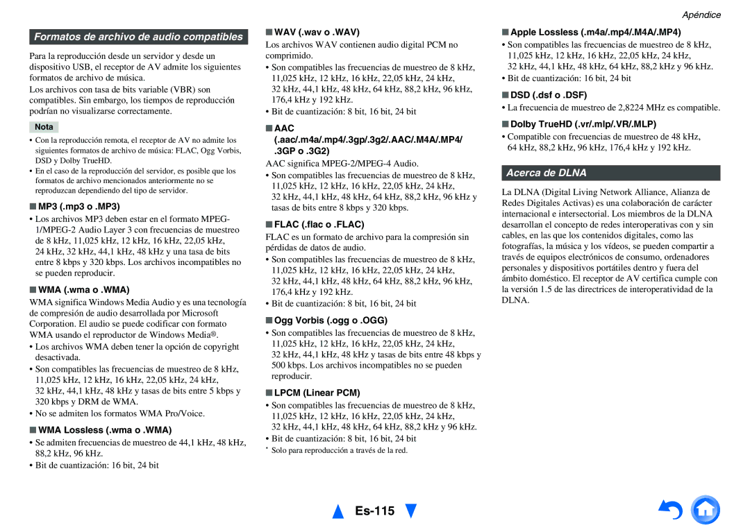 Onkyo TX-NR1010 manual Es-115, Formatos de archivo de audio compatibles, Acerca de Dlna 